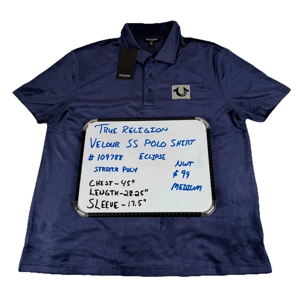 True Religion Velour Polo Shirt Men's Medium Eclipse Blue Short Sleeve New $99